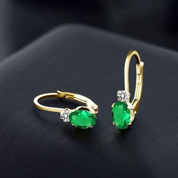 14K Yellow Gold with 0.87 Cttw Emerald and White Diamond Leverback Drop Earrings - Picture 2 of 4